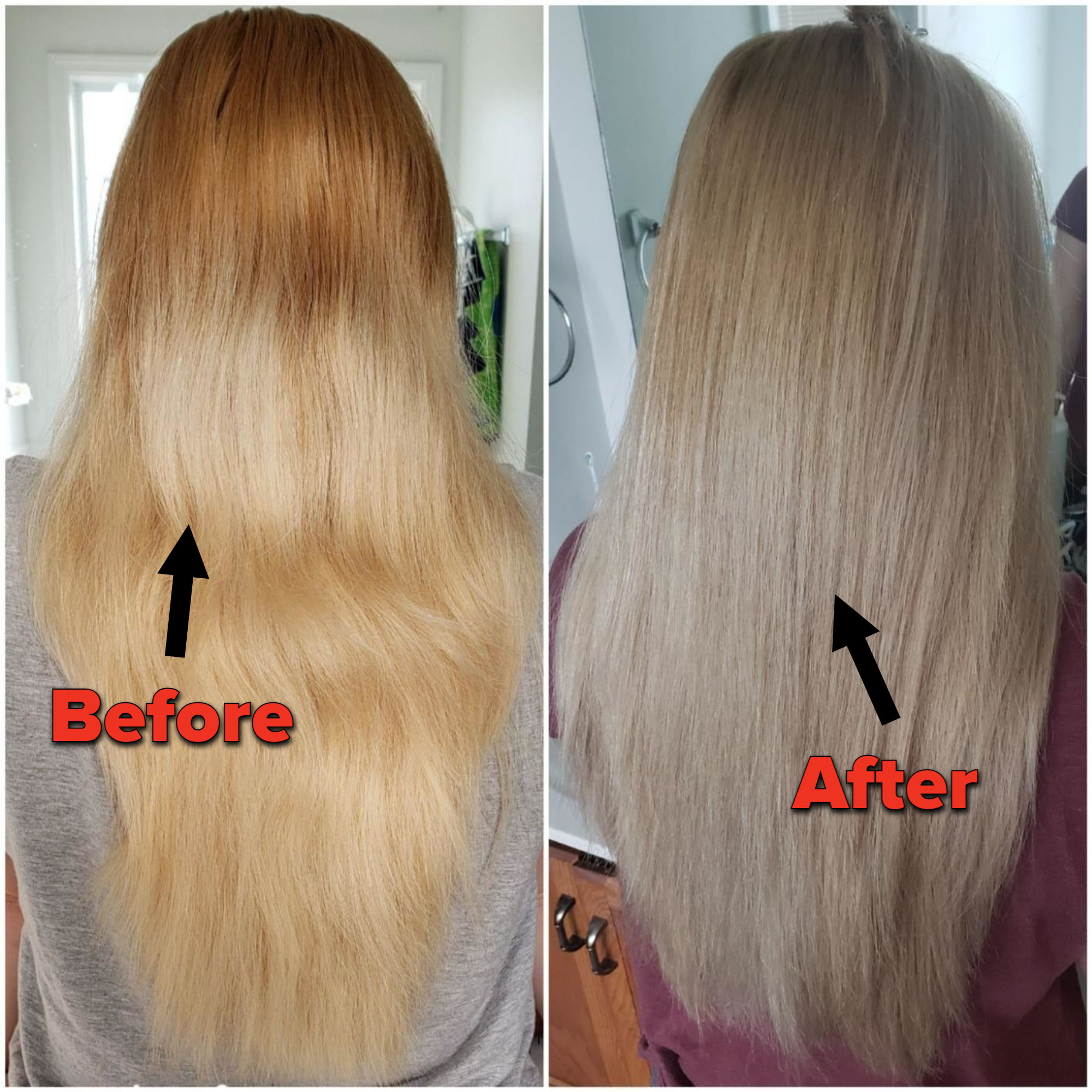 Reviewer image of before and after using hair toner on blonde hair