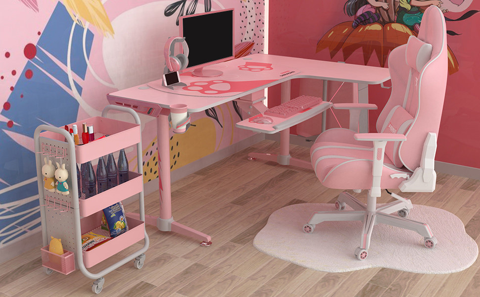the light pink, l-shaped desk with white details and a hot pink paw design