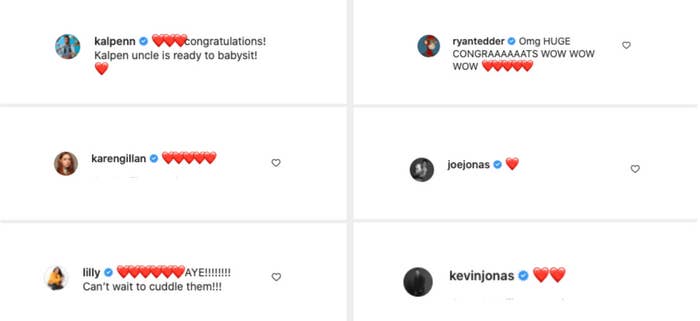 Celebrities, including Kal Penn, Karen Gillan, Joe and Kenvin Jonas, and Ryan Tedder congratulating Nick and Priyanka in their IG comments