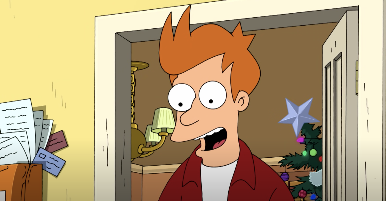 The animated character Fry stands in a doorway