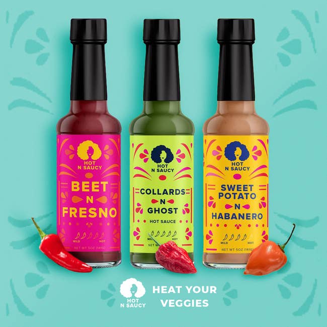 three hot sauces: beet and fresno, collards and ghost, and sweet potato and habanero