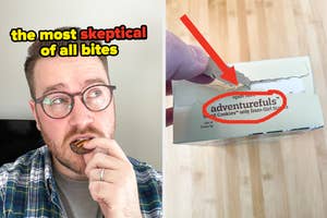 Author biting into cookie with annotation "the most skeptical of all bites" with an image of author opening the box of Adventurefuls and an arrow pointing to the name