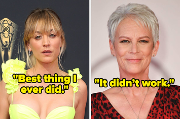 Kaley Cuoco with the caption "Best thing I ever did" and Jamie Lee Curtis with the caption "It didn't work"