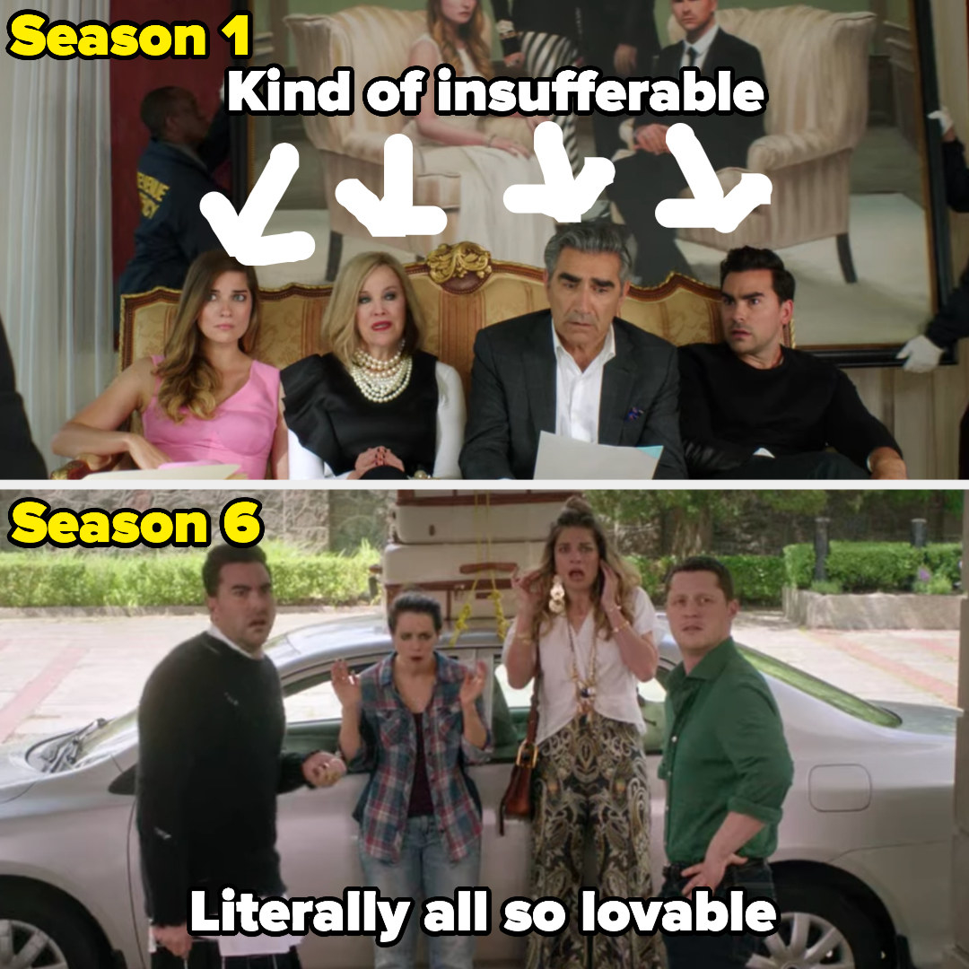 the Roses in season 1 labeled &quot;kind of insufferable&quot; and Alexis, David, Patrick, and Stevie in Season 6 labeled &quot;literally all so lovable&quot;