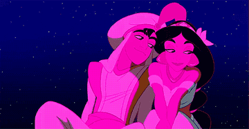 Aladdin pulling close to Jasmine white watching the fireworks at night