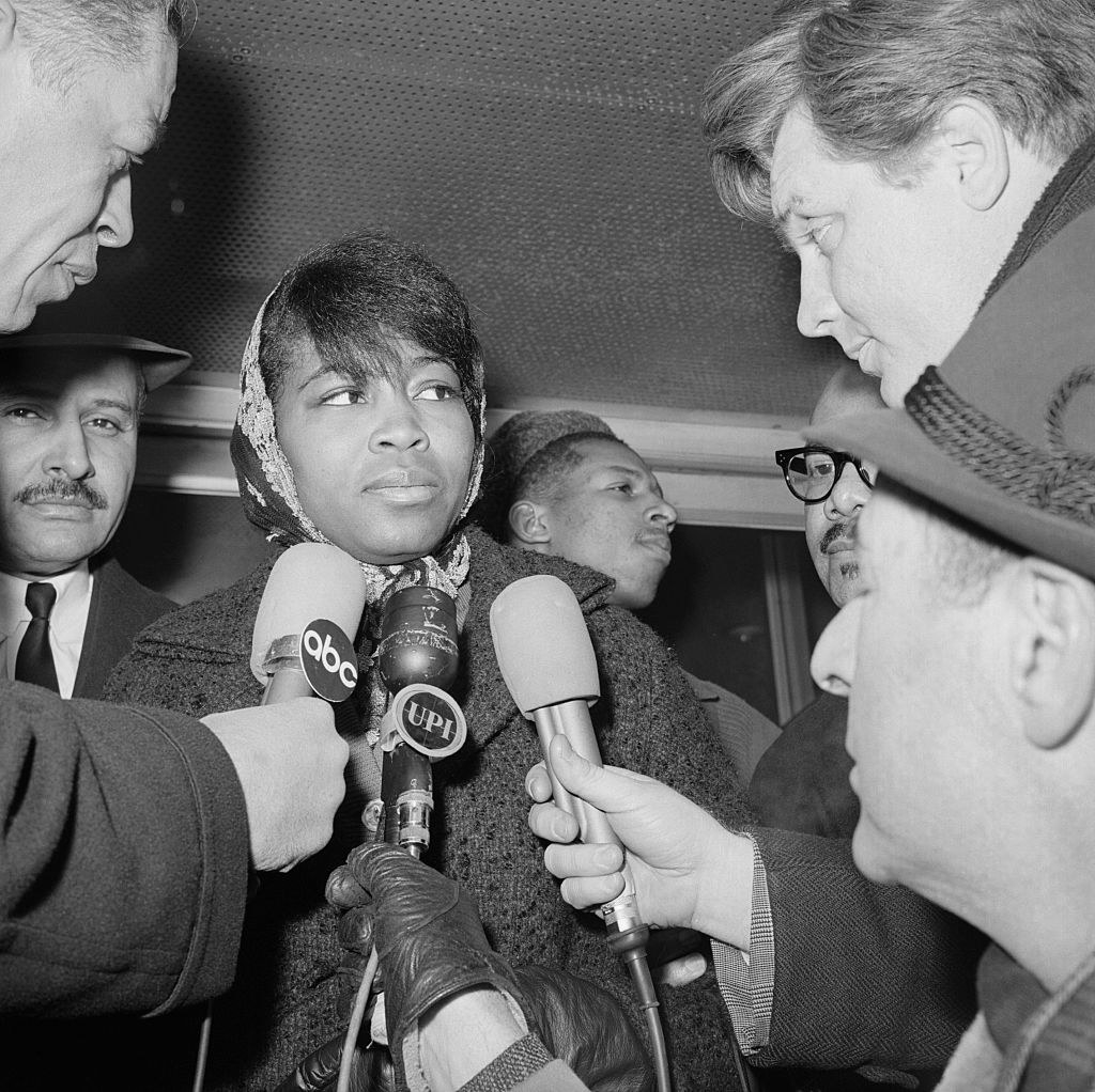 Betty Shabazz, wife of Malcolm X, speaking to press