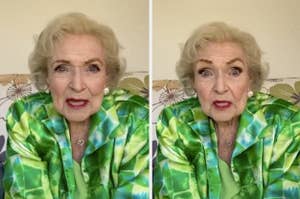 betty white sitting on a couch speaking to the camera