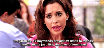 Mean Girls: Gretchen is seen moving her hand while talking seriously saying ex boyfriends are off limits that&#x27;s the rules of feminism