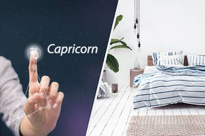 A man is pointing at a Capricorn sign with a striped bedroom set on the right