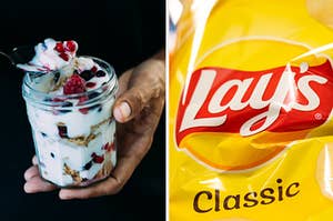 A man is holding yogurt parfait with Lay's chips on the right