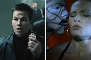 mark wahlberg as max payne on the left and Ona grauer as alicia on the right with a zombie about to put his tongue in her ear
