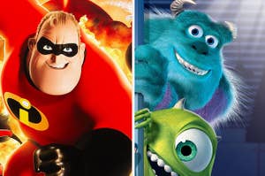 split image of two animated movies on the left is the incredibles and on the right is monsters inc.