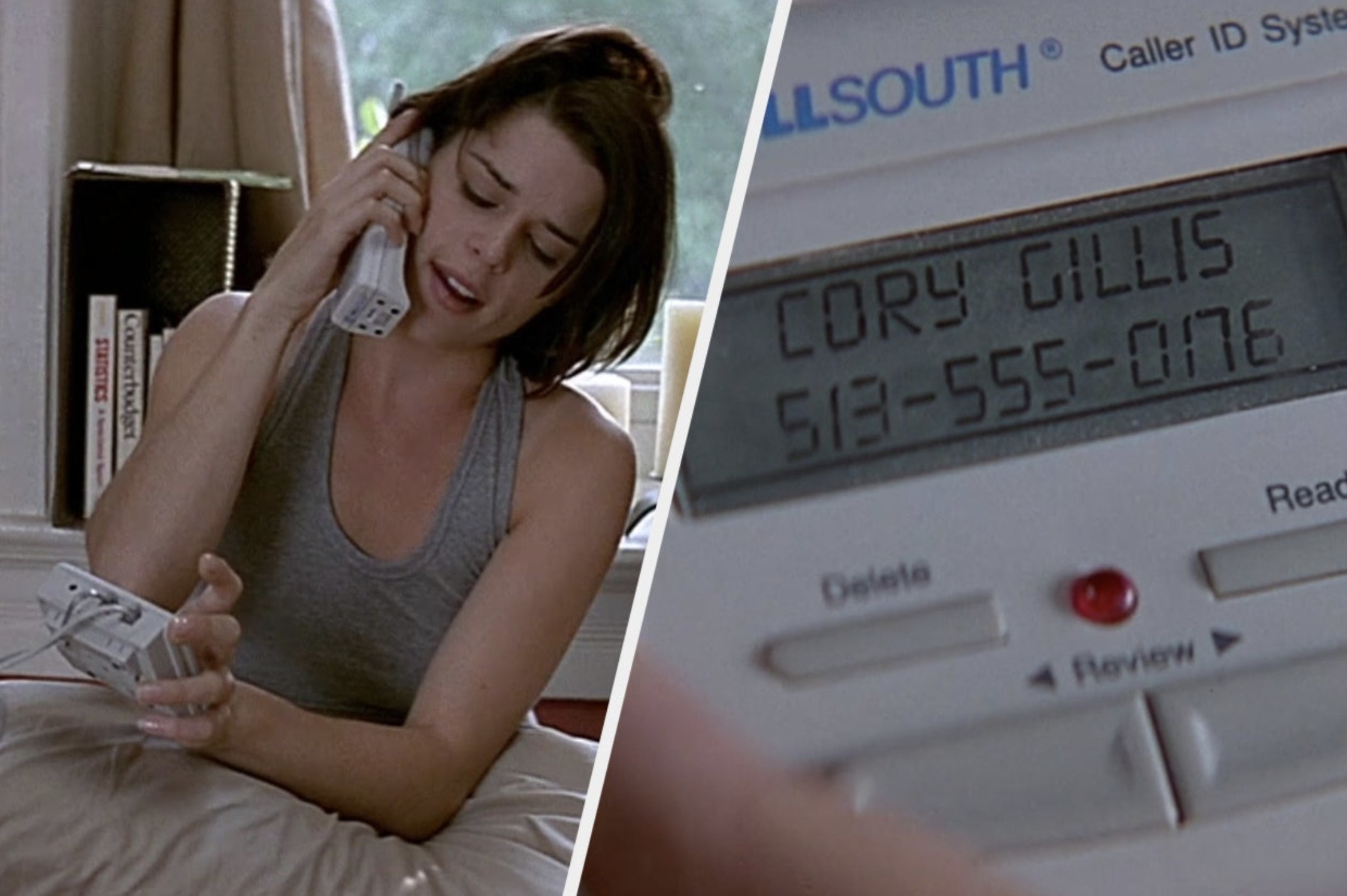 Sidney on the phone in Scream 2 looking at a caller ID device