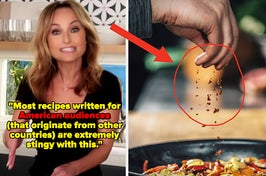 Image of Giada from Food Network behind text that says "most recipes for American audiences (and originate from other countries) are extremely stingy with this", with arrow pointing to spices sprinkled on food