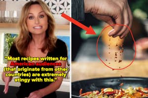 Image of Giada from Food Network behind text that says "most recipes for American audiences (and originate from other countries) are extremely stingy with this", with arrow pointing to spices sprinkled on food