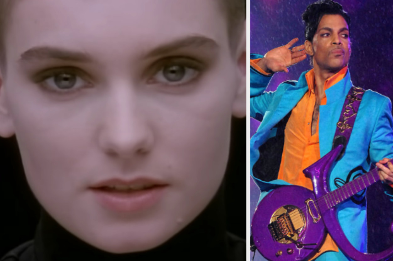 Left: Sinéad O&#x27;Connor in her &quot;Nothing Compares 2 U&quot; music video, Right: Prince on stage during the Super Bowl XLI halftime show at Dolphins Stadium on February 4, 2007