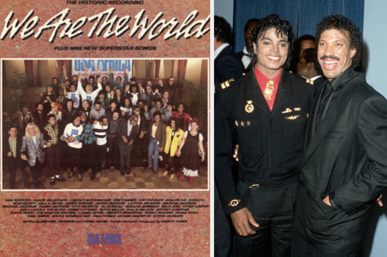 Left: The &quot;We Are The World&quot; album cover, right: Michael Jackson and Lionel Richie pose at the 28th annual Grammy Awards