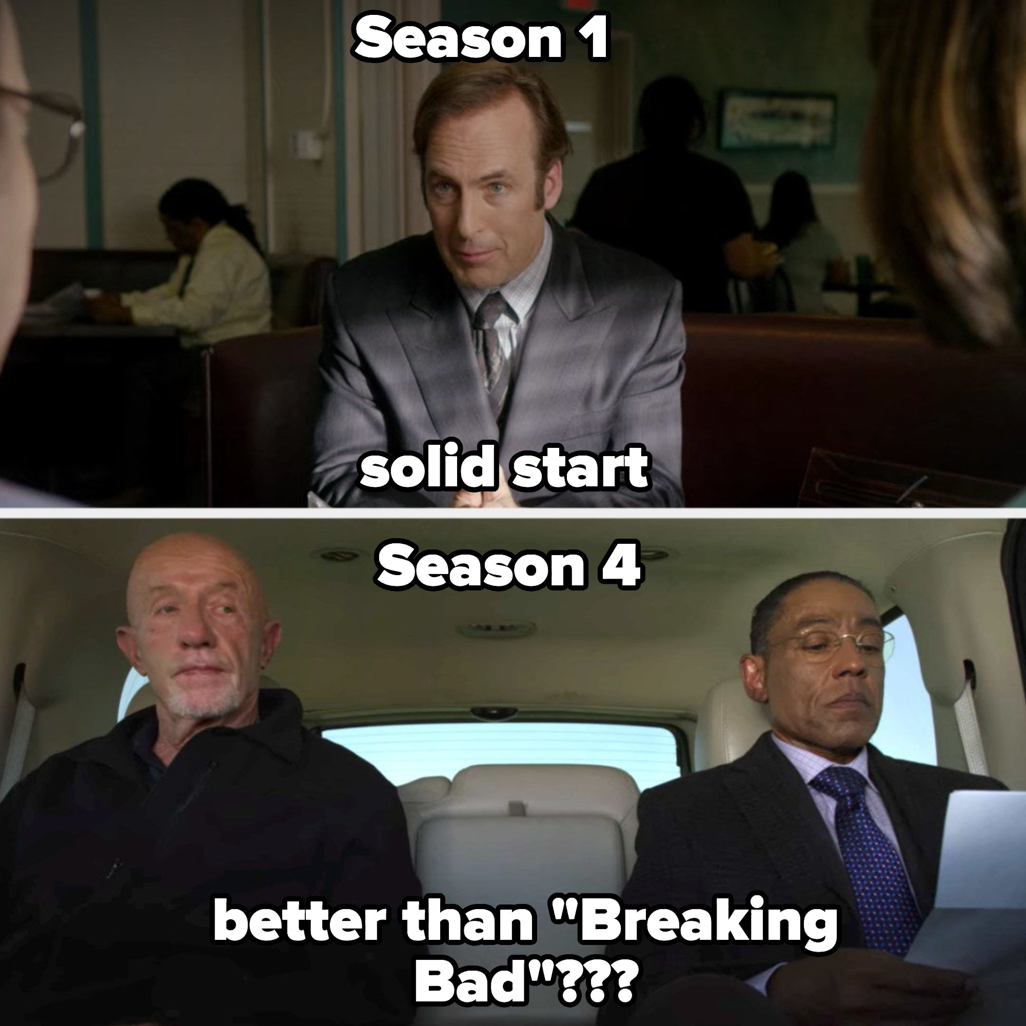 saul in season 1 labeled &quot;solid start&quot; and Mike and Gus in Season 4 labeled &quot;better than Breaking Bad???&quot;