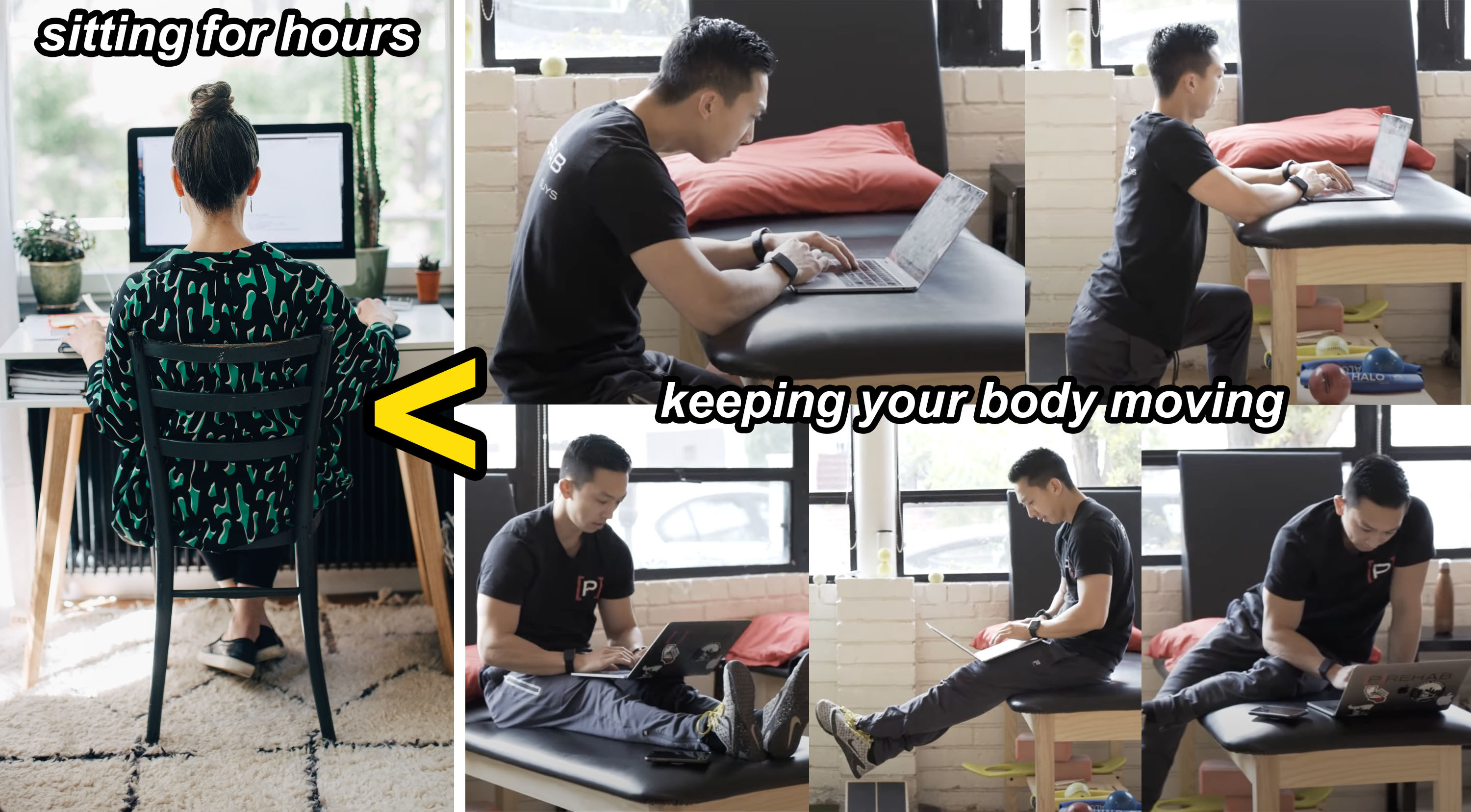 (Left) Rear view of businessperson using computer at desk in home office. (Right) Composite of physical therapist in various positions while using laptop.
