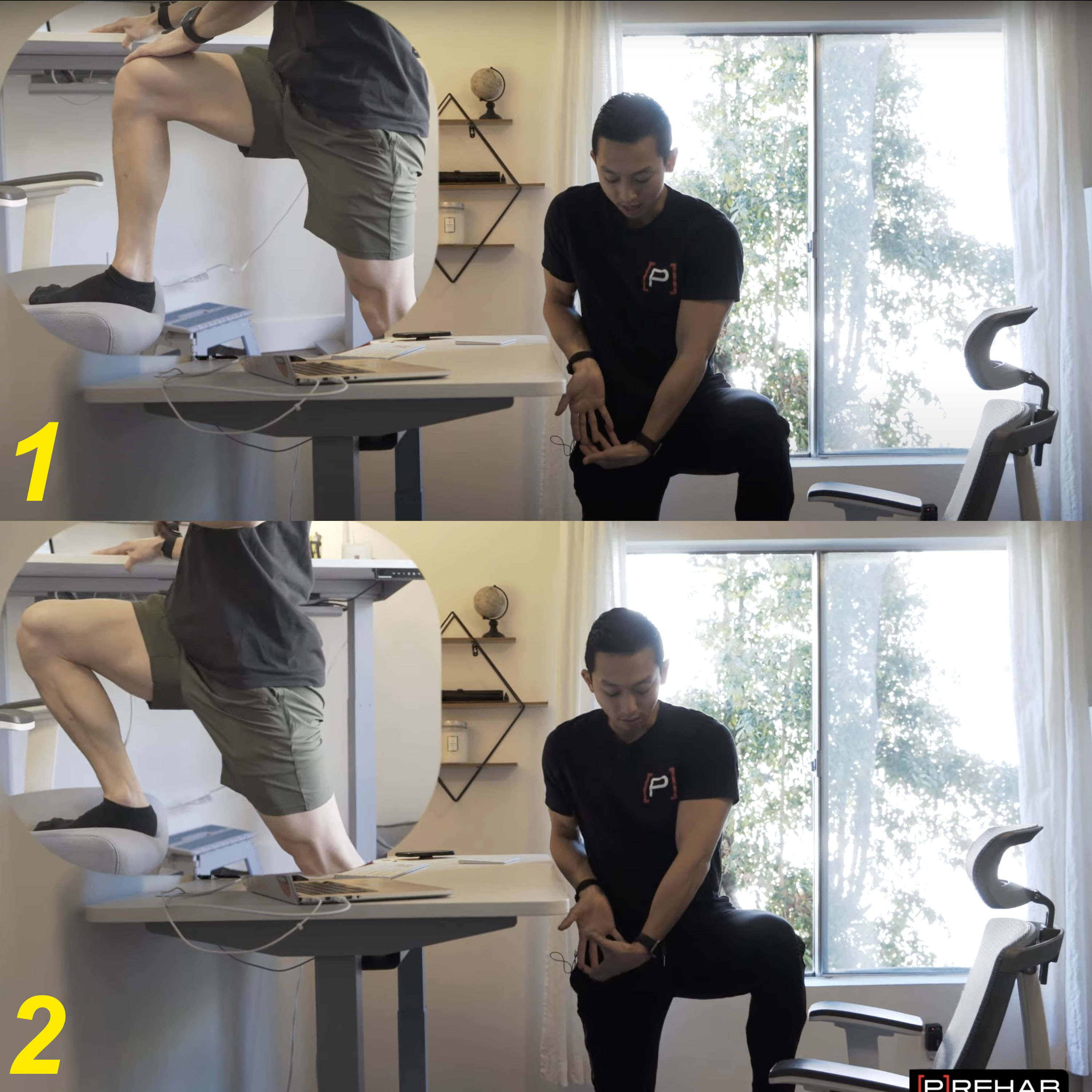 Dr. Michael Lau demonstrates a hip flexor stretch at his work-from-home desk