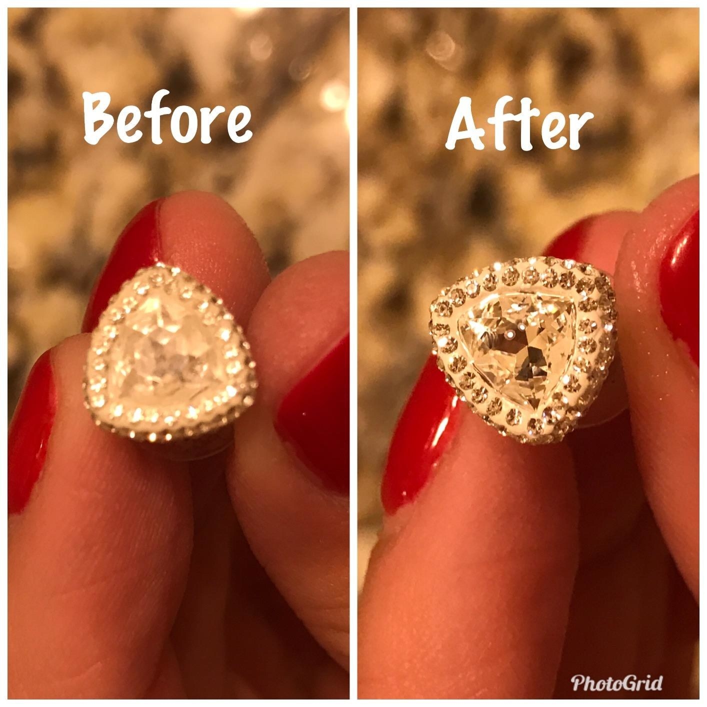 before and after images of a tarnished diamond becoming clean
