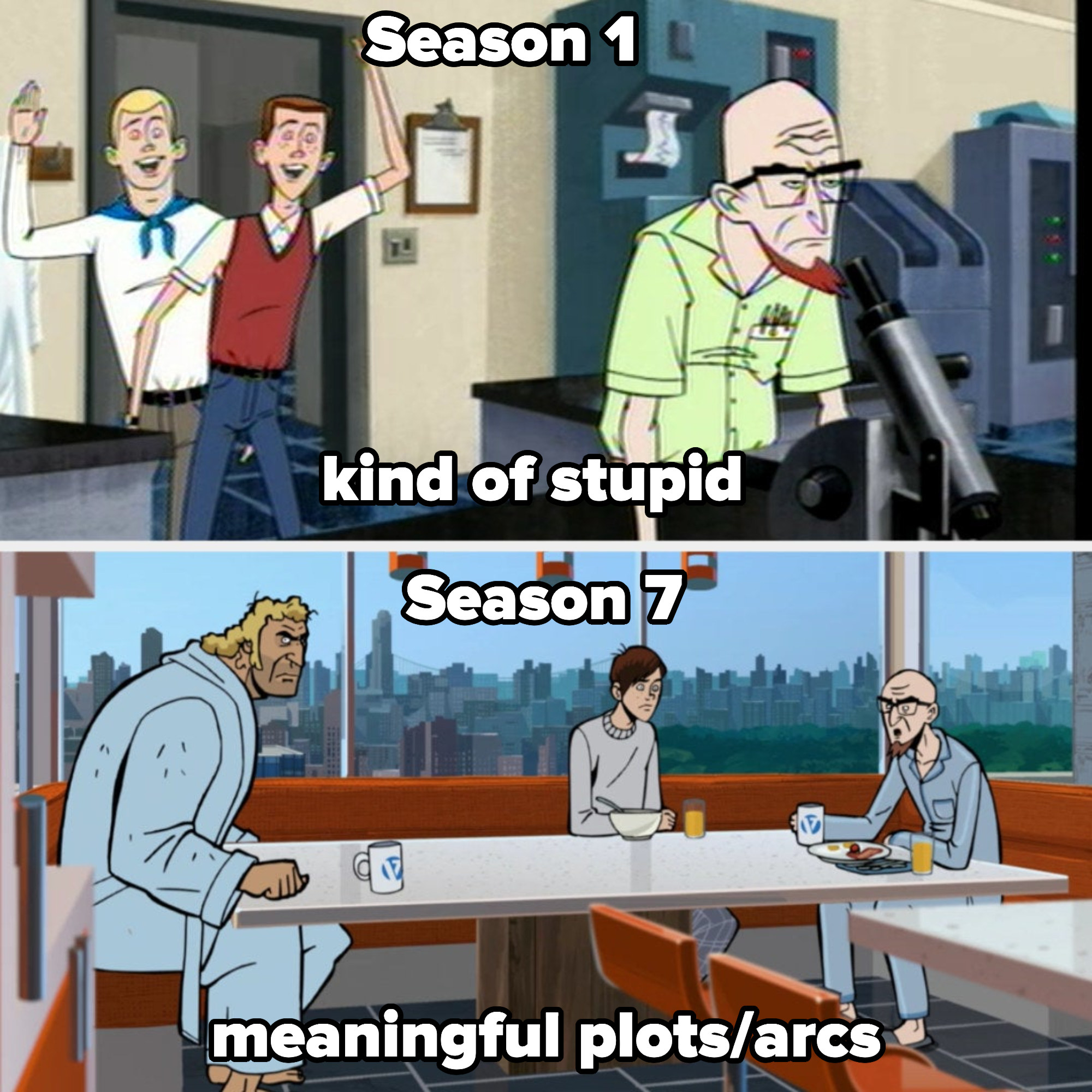 season 1 labeled &quot;kind of stupid&quot; and season 7 labeled &quot;meaningful plots/arcs&quot;