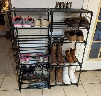 Shoe rack placed in reviewer's home with various shoes inside
