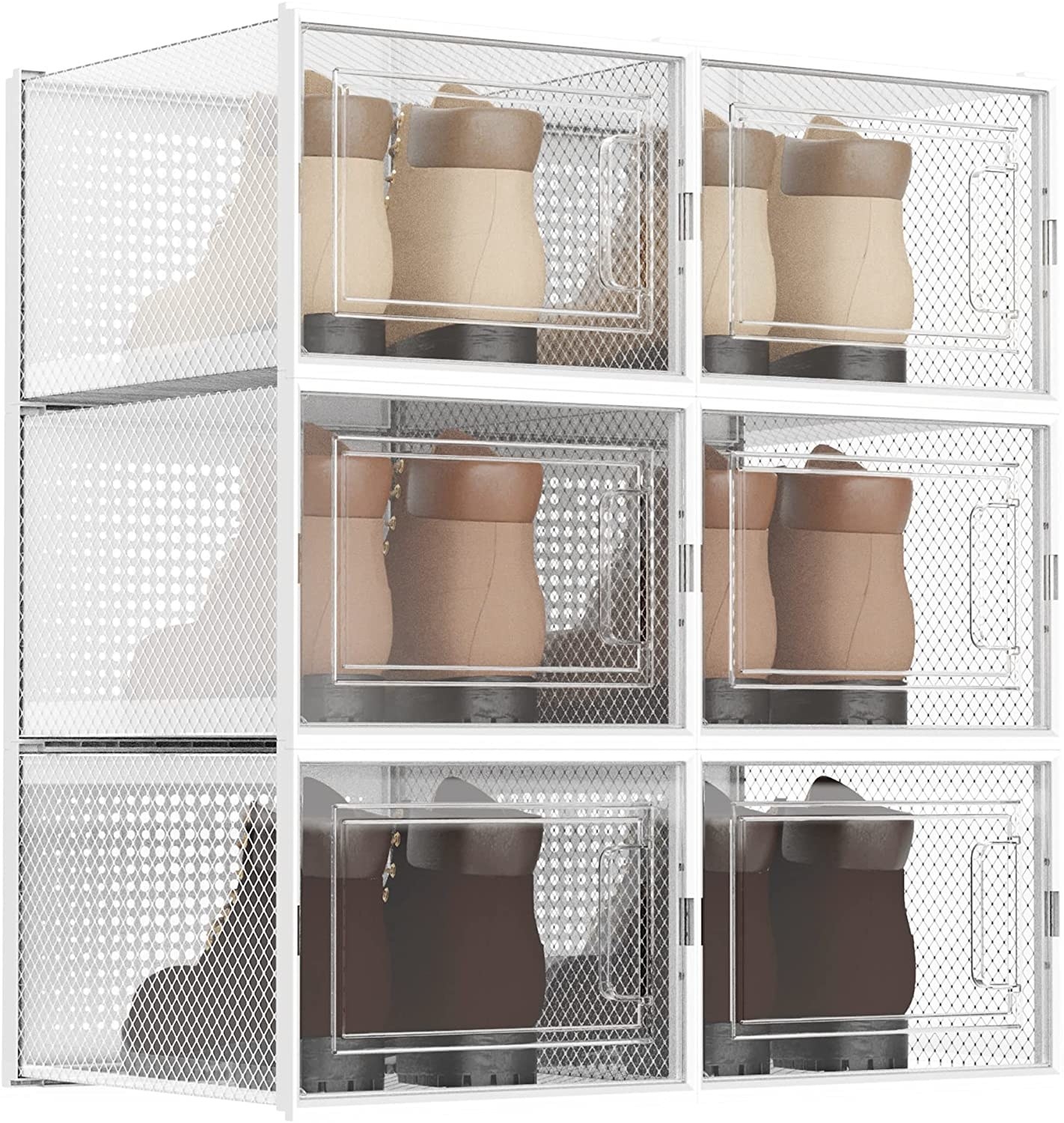 Set of six boots placed in clear storage containers