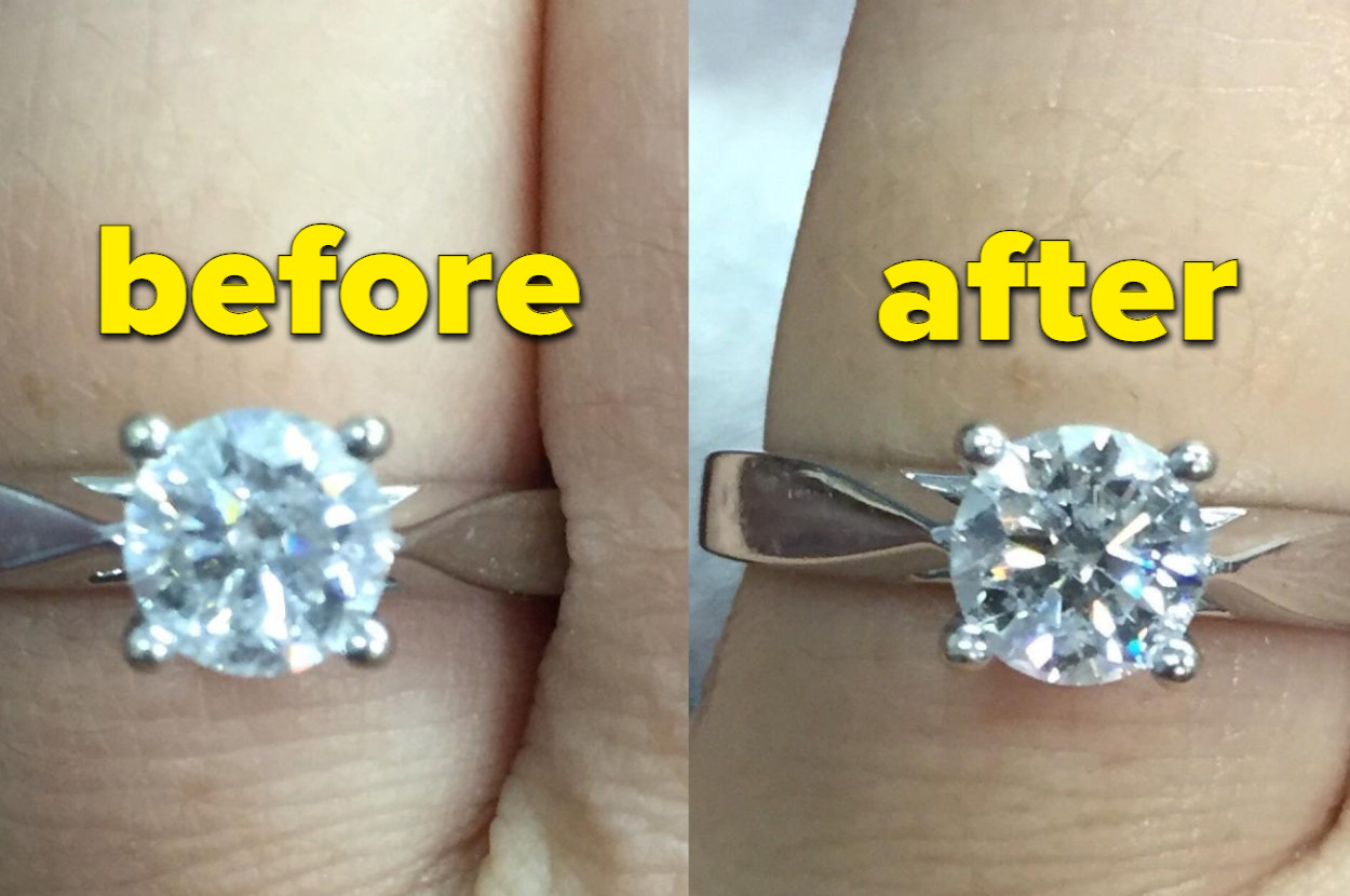 a reviewer&#x27;s before and after of a diamond ring that went from dull to shiny