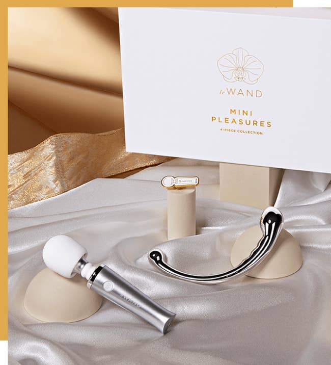 White and silver mini wand, stainless steel dildo, white enamel pin and box