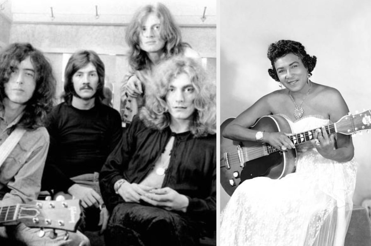 Left: Led Zeppelin poses for a photo in 1969, right: Memphis Minnie is photographed for a portrait in 1950 in Memphis, Tennessee
