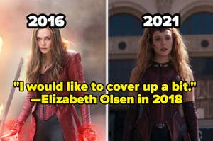 Elizabeth Olsen in two Scarlet Witch costumes (from 2016 and 2021) with 2018 quote, I would like to cover up a bit