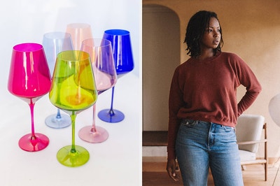 colored glass wineglasses and sweatshirt on the right