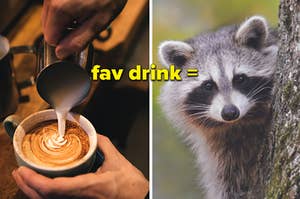 A man is making coffee on the left with a raccoon hiding on the right