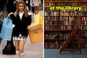 On the left, Cher from Clueless holding shopping bags, and on the right, floor-to-ceiling bookshelves with a ladder in front of them labeled at the library