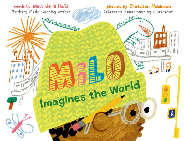 Profile of a Black boy with a green beanie, glasses, and a pencil behind his ear. Behind him there is an imaginary city landscape styled to look like a child&#x27;s drawing. Text on the hat reads: Milo Imagines the World