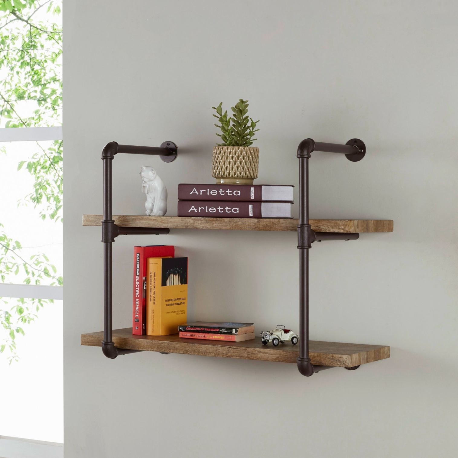 A two tier industrial wall shelf