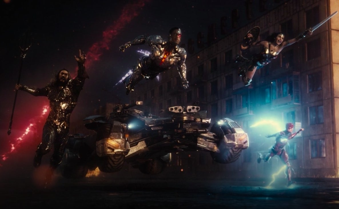 The Justice League moving down the street towards Steppenwolf&#x27;s fortress in &quot;Zack Snyder&#x27;s Justice League&quot;