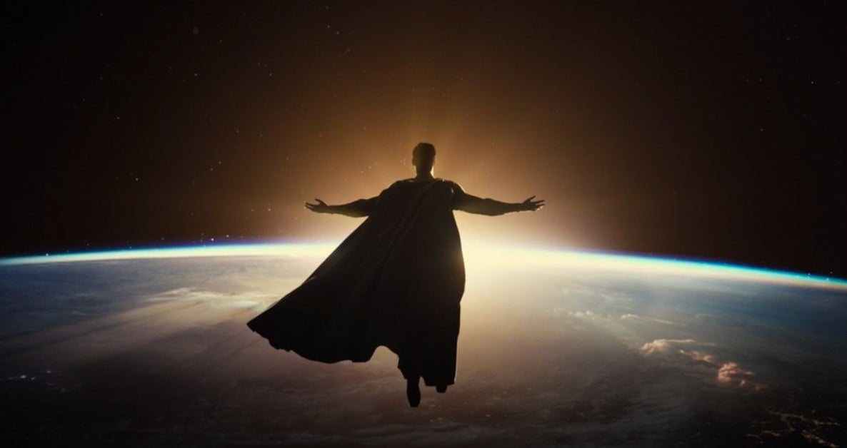 Superman in Earth&#x27;s stratosphere with the sun in front of him in &quot;Zack Snyder&#x27;s Justice League&quot;
