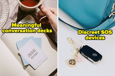 L: a stack of cards on a journal and text reading "meaningful conversation decks", R: a set of car keys with a gold keychain and text reading "discreet SOS devices" 