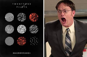 The album cover for Twenty One Pilots's "Blurry Face" and a close up of Dwight Schrute as he screams
