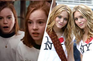 Lindsay Lohan is looking in a mirror on the left with Olsen twins on the right