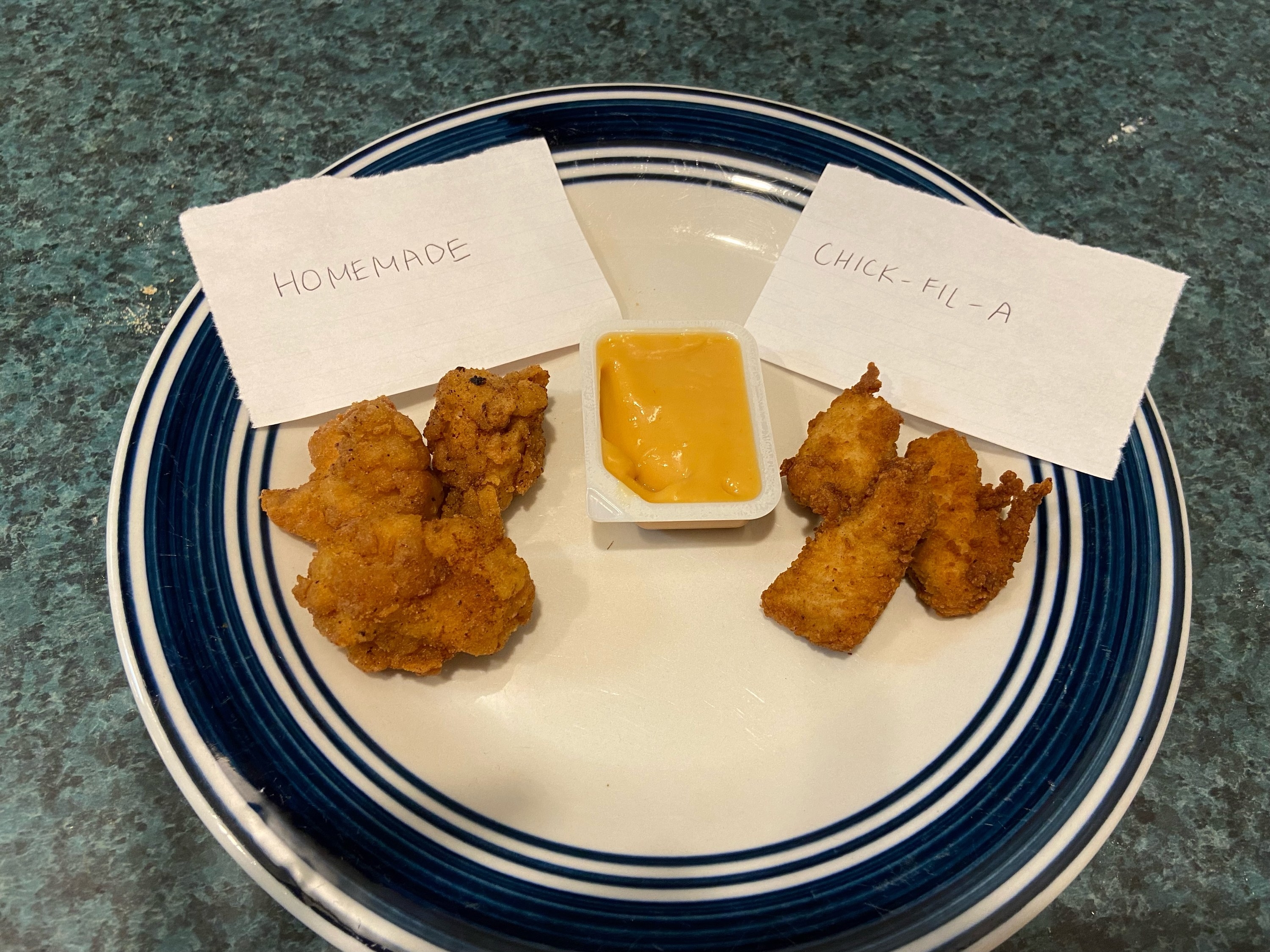The two types of nuggets on one plate, with