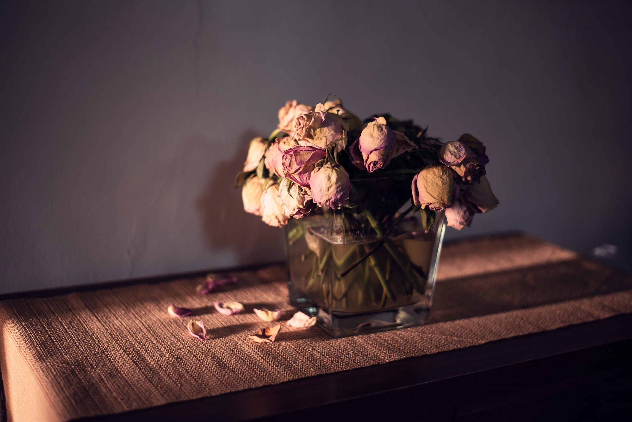 Dry roses in a vase on a wooden table