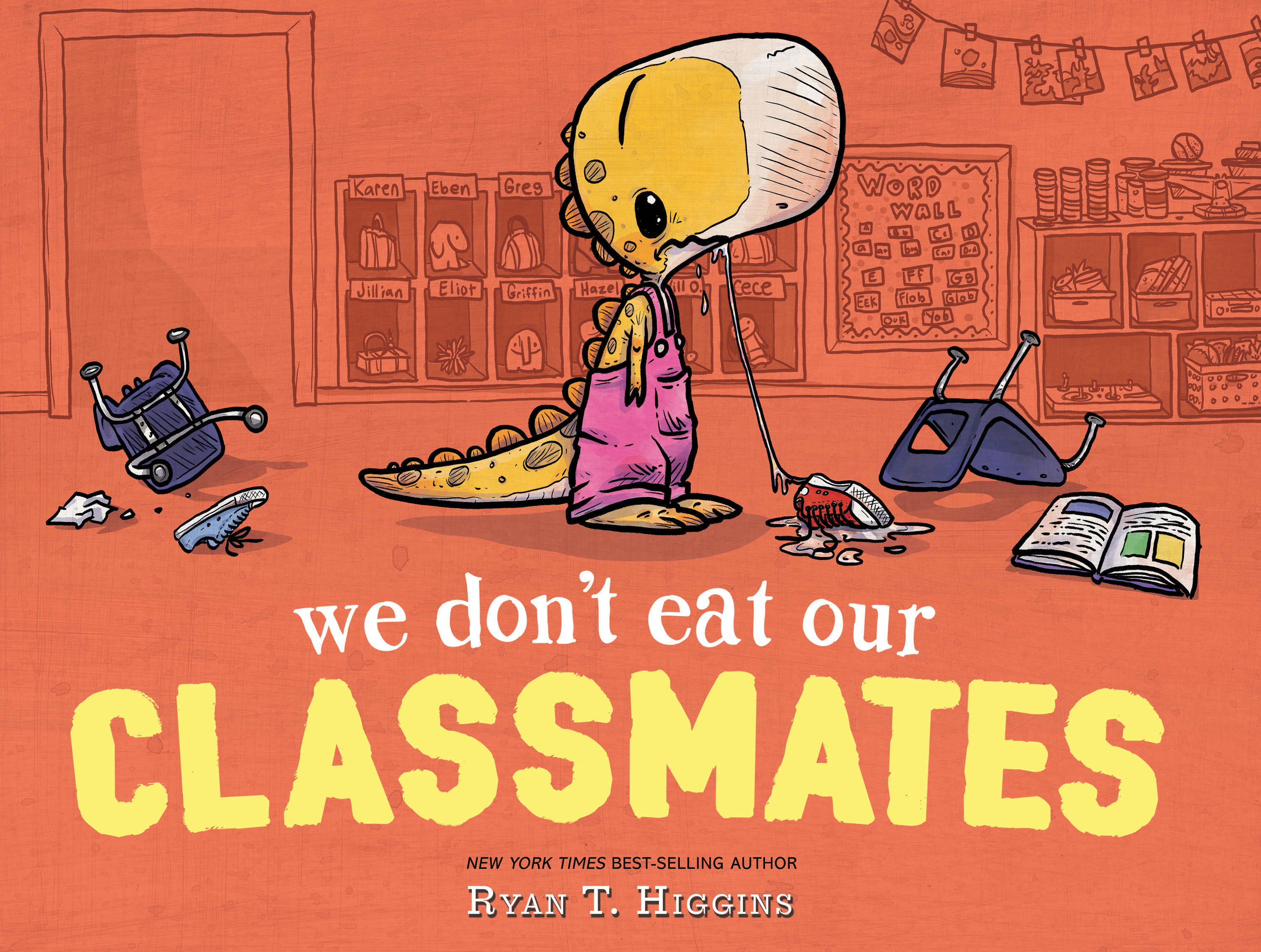 A dinosaur in pink overalls stands in the middle of a classroom. There's a read sneaker by her feet with droll puddled around it. The text reads: We don't eat our classmates
