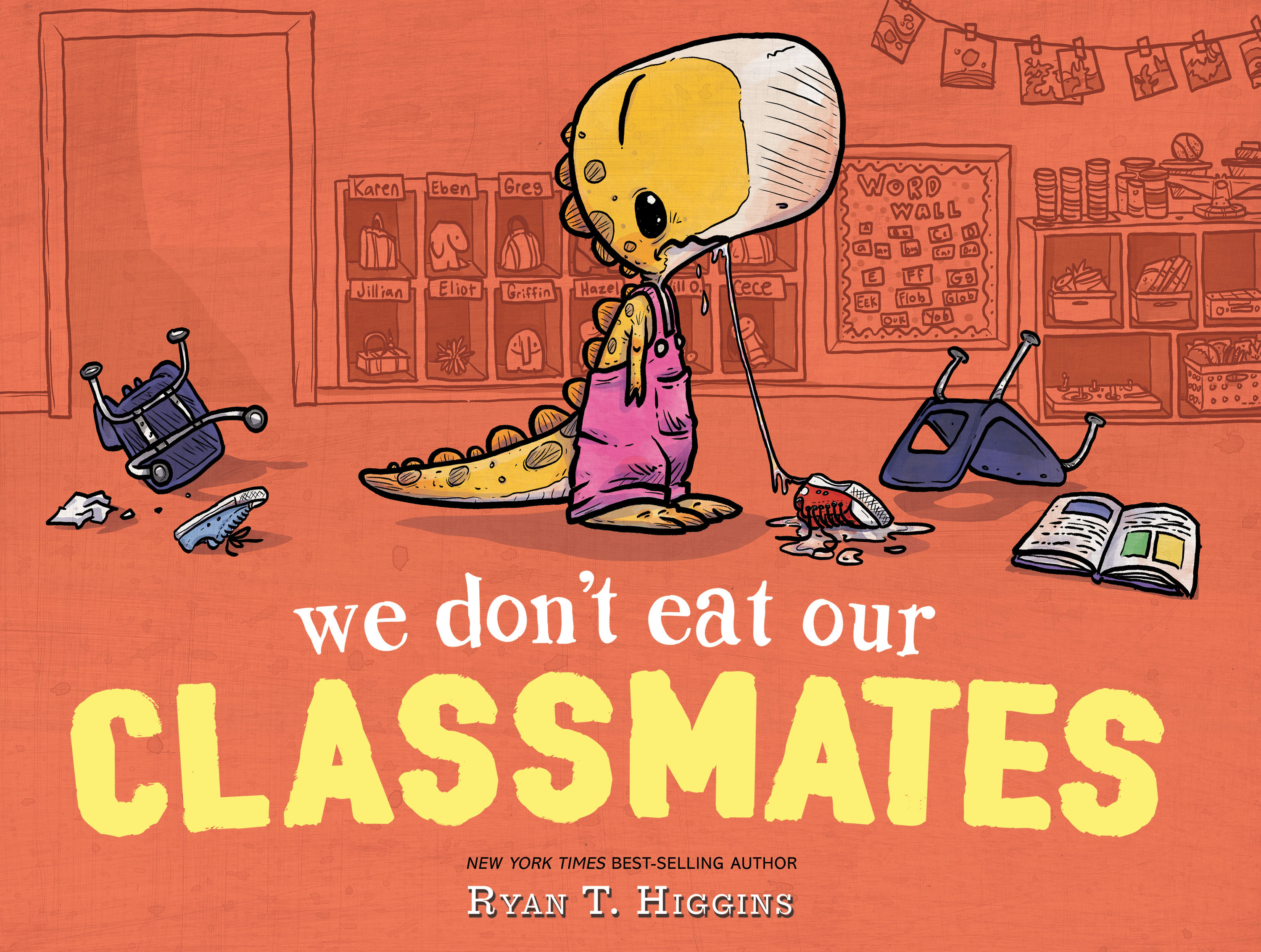 A dinosaur in pink overalls stands in the middle of a classroom. There&#x27;s a read sneaker by her feet with droll puddled around it. The text reads: We don&#x27;t eat our classmates