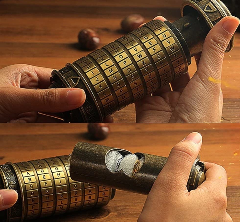 A photoset showing a person&#x27;s hands holding the closed puzzle box, and the second showing the inner part out with rings stored in the middle