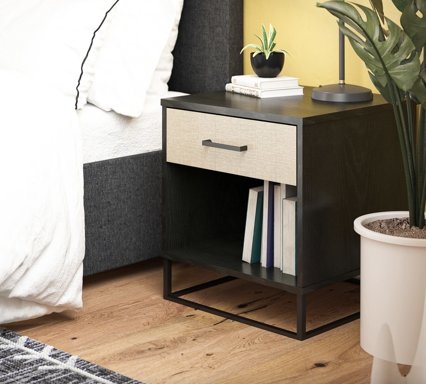 A black and tan nightstand
