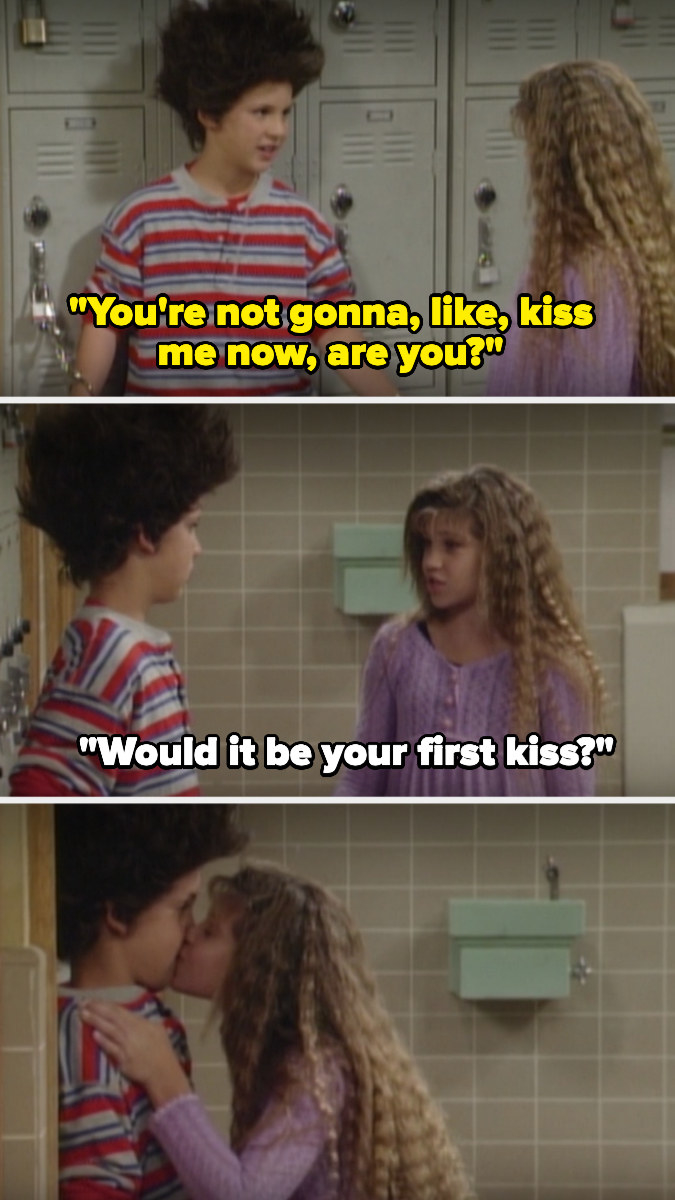 Corey asks if Topanga&#x27;s going to kiss him, and she asks if it&#x27;d be his first kiss, then kisses him