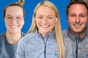 Three athletes smiling to the camera on a blue background.